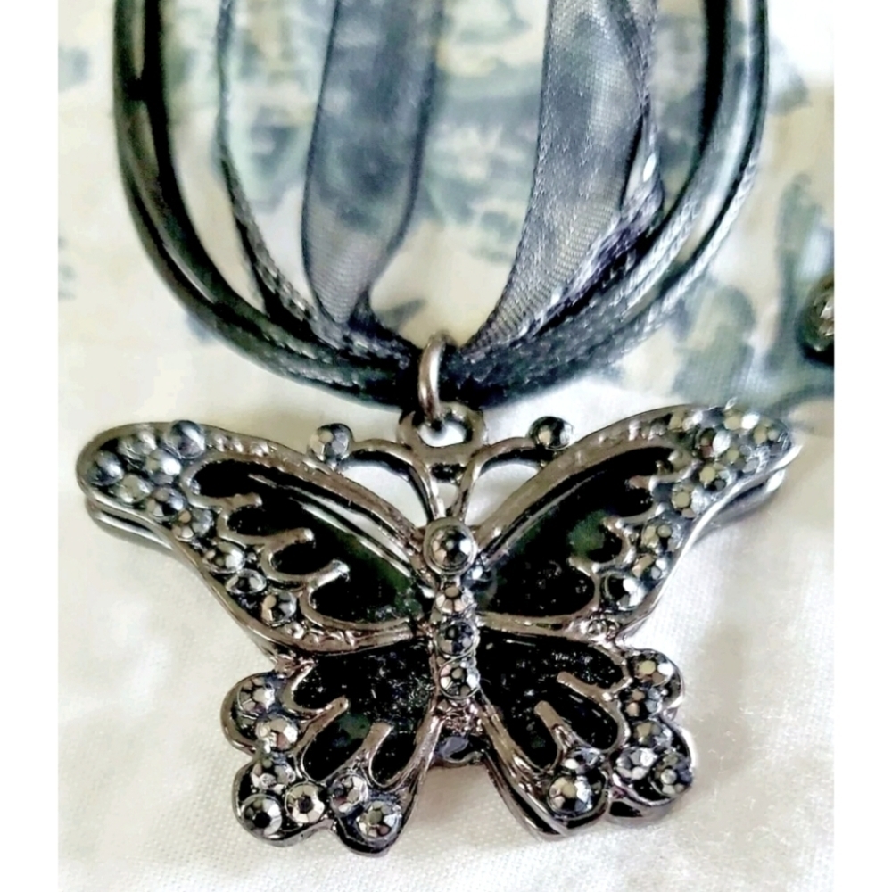 Swiss Marcasite Butterfly Pendant Necklace Stainless Steel 18 Inch